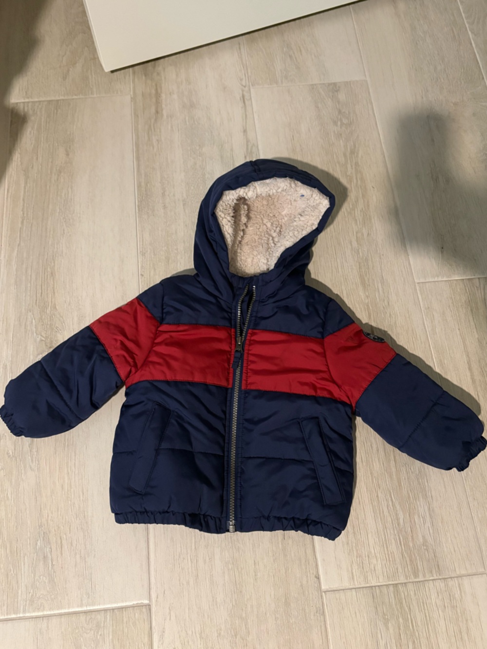 OshKosh B'gosh Navy and Red Puffer Jacket with Sherpa Hood, Toddler 18mo